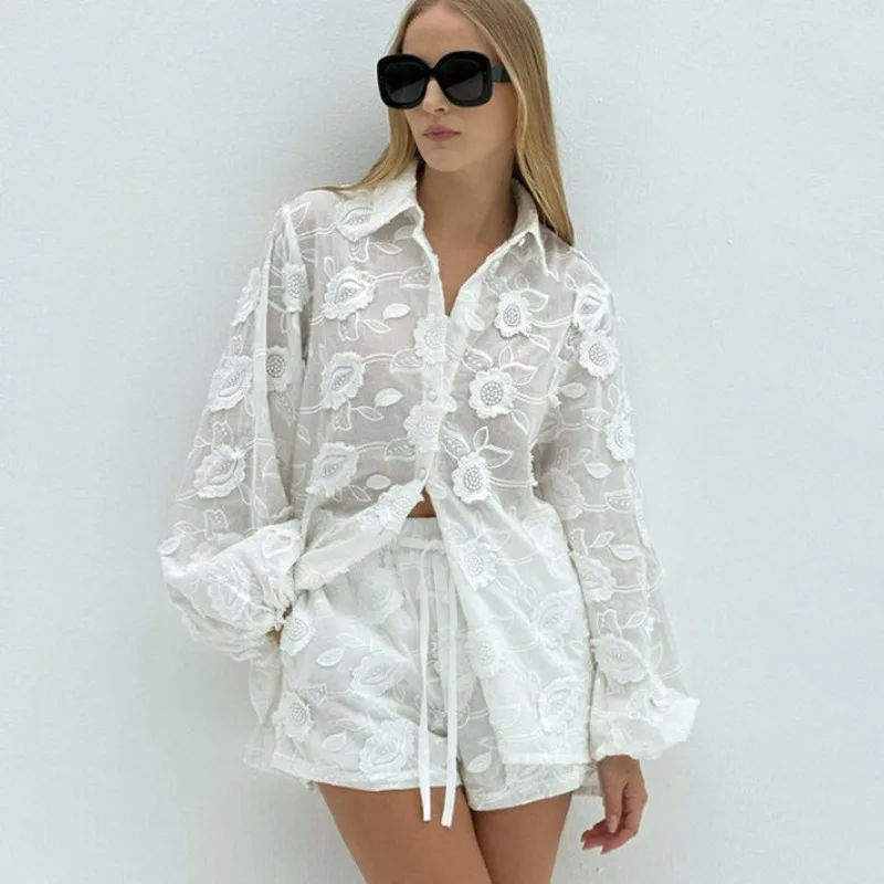 

New Fashionable Sexy Cross-border Women Clothing Europe America Lace Set Embroidered See-through Shirt High-waisted Shorts White