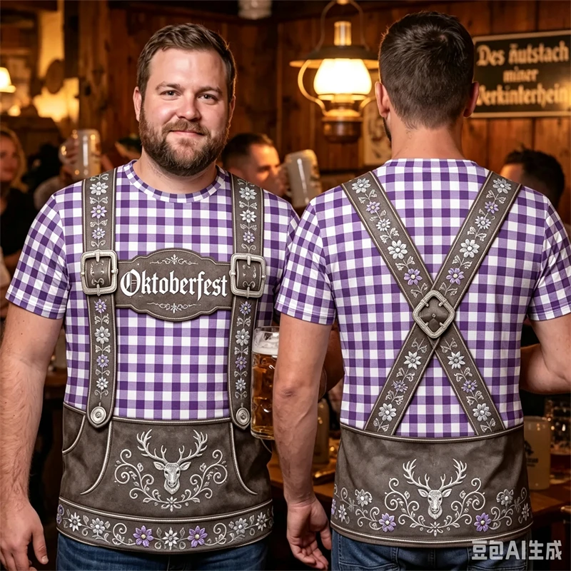 Men Oktoberfest 3D Print T Shirt Costume Short Sleeve Plaid Tops German Beer Festival Party Outfit Holiday Cosplay Clothing Men