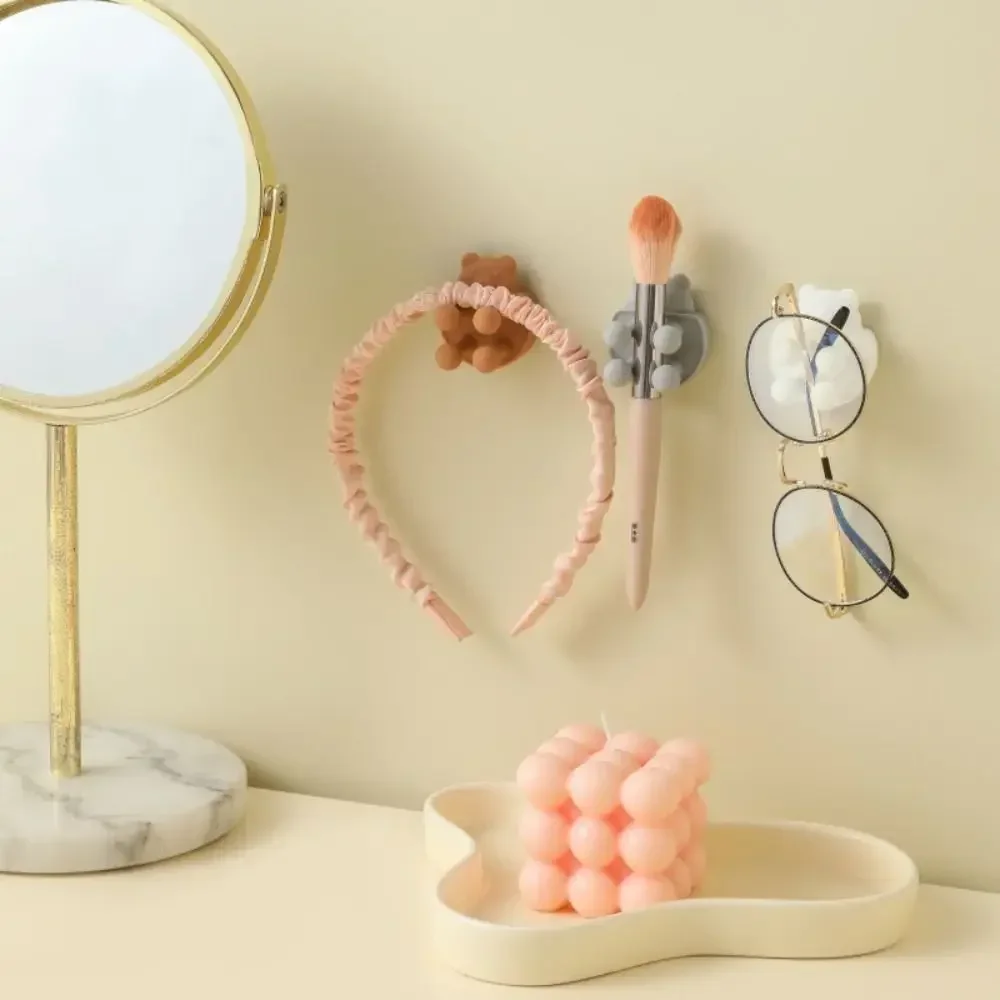 Cute Self Adhesive Toothbrush Holder Wall Mounted Storage Rack Razor Holder Teddy Bear Shape Silicone Shower Hanging Towel Hook