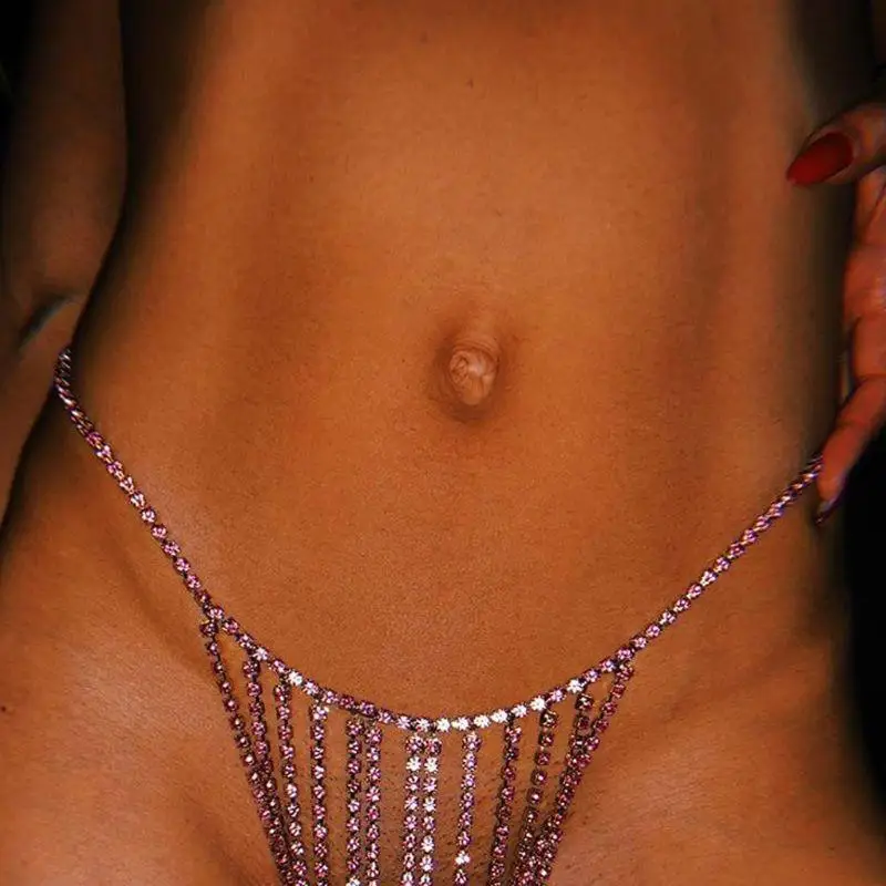 J78F Crystal Thong Body Chain Simple Rhinestones Underwear Belly Chain Gift