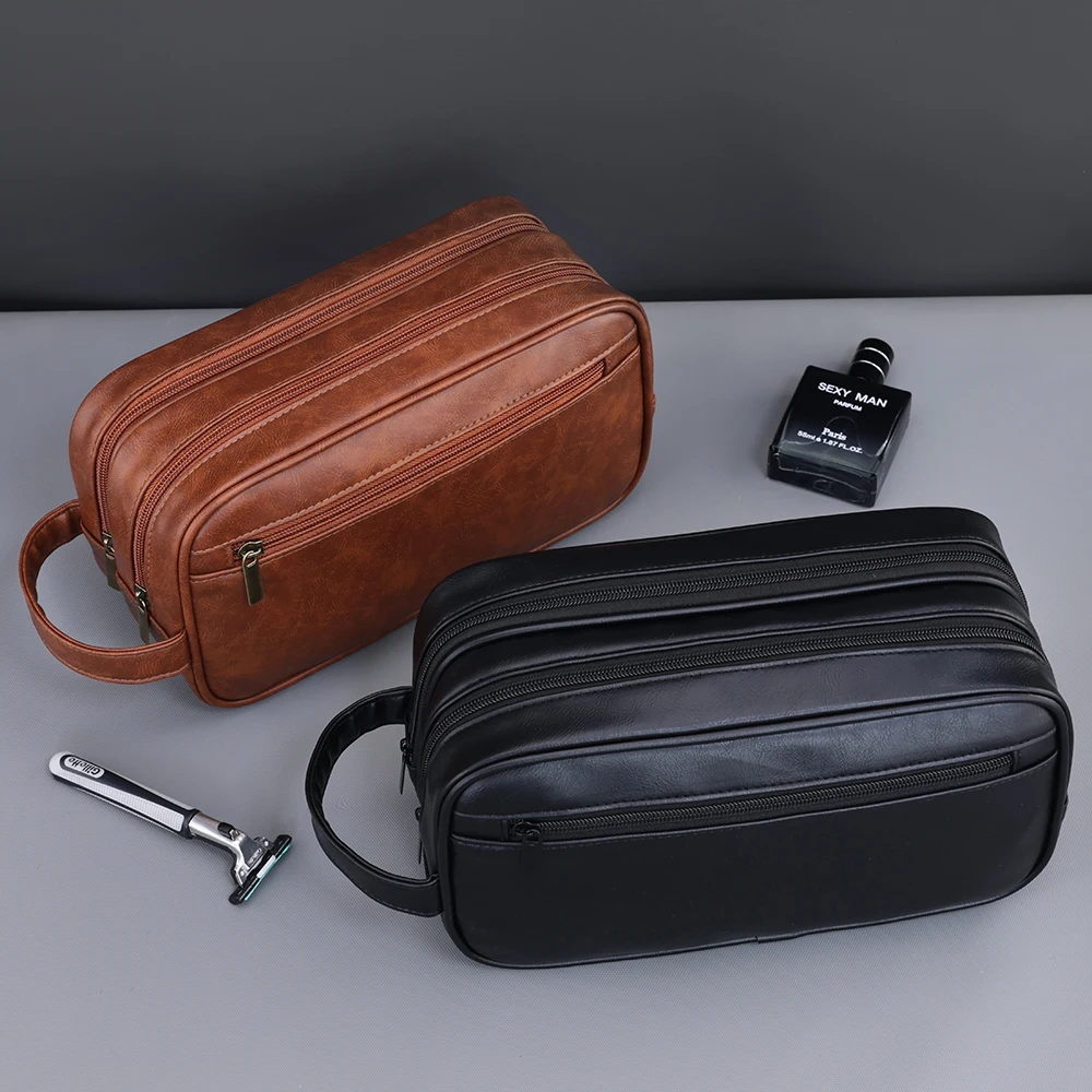 Double-Layer Toiletry Bag for Men PU Leather Travel Wash Organizer Dopp Kit Water-resistant Shaving Cosmetic Bag Strorage