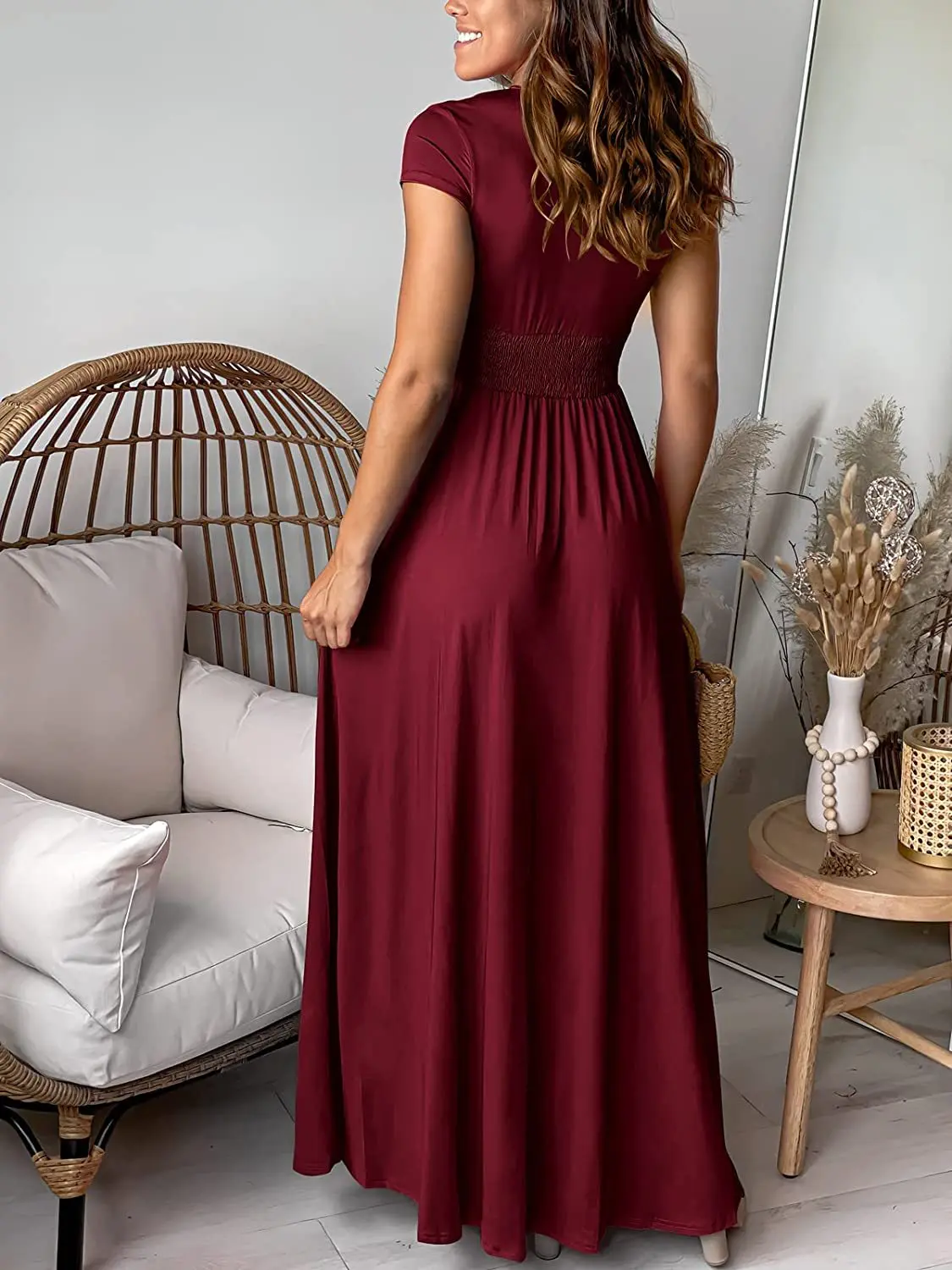 Summer Women's Deep V Dress Short Sleeve High Waist Slim Elegant Evening Slit Simple Party Fashion Midi Skirt for Female