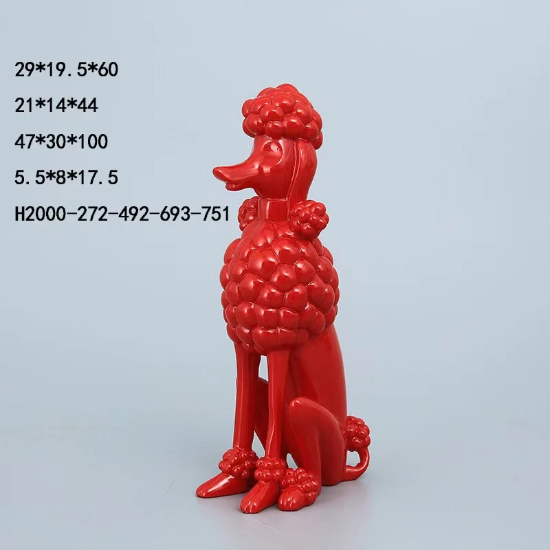 Unikatowa, popularna, tania, fabrycznie nowa rzeźba pudla z włókna szklanego, ręcznie rzeźbiona, w kolorze czerwono-czarnym, do dekoracji hotelu.