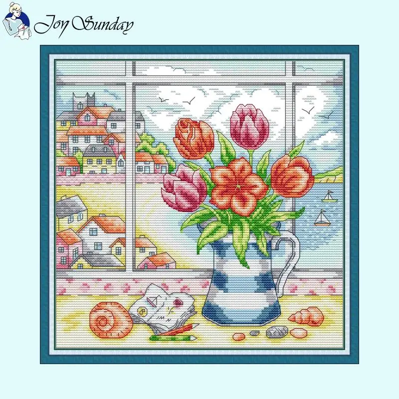 Vase On The Windowsill Series Joy Sunday Stamped Cross Stitch Set 14CT Count Fabric 16CT 11CT Printed Cloths DIY Hand Embroidery