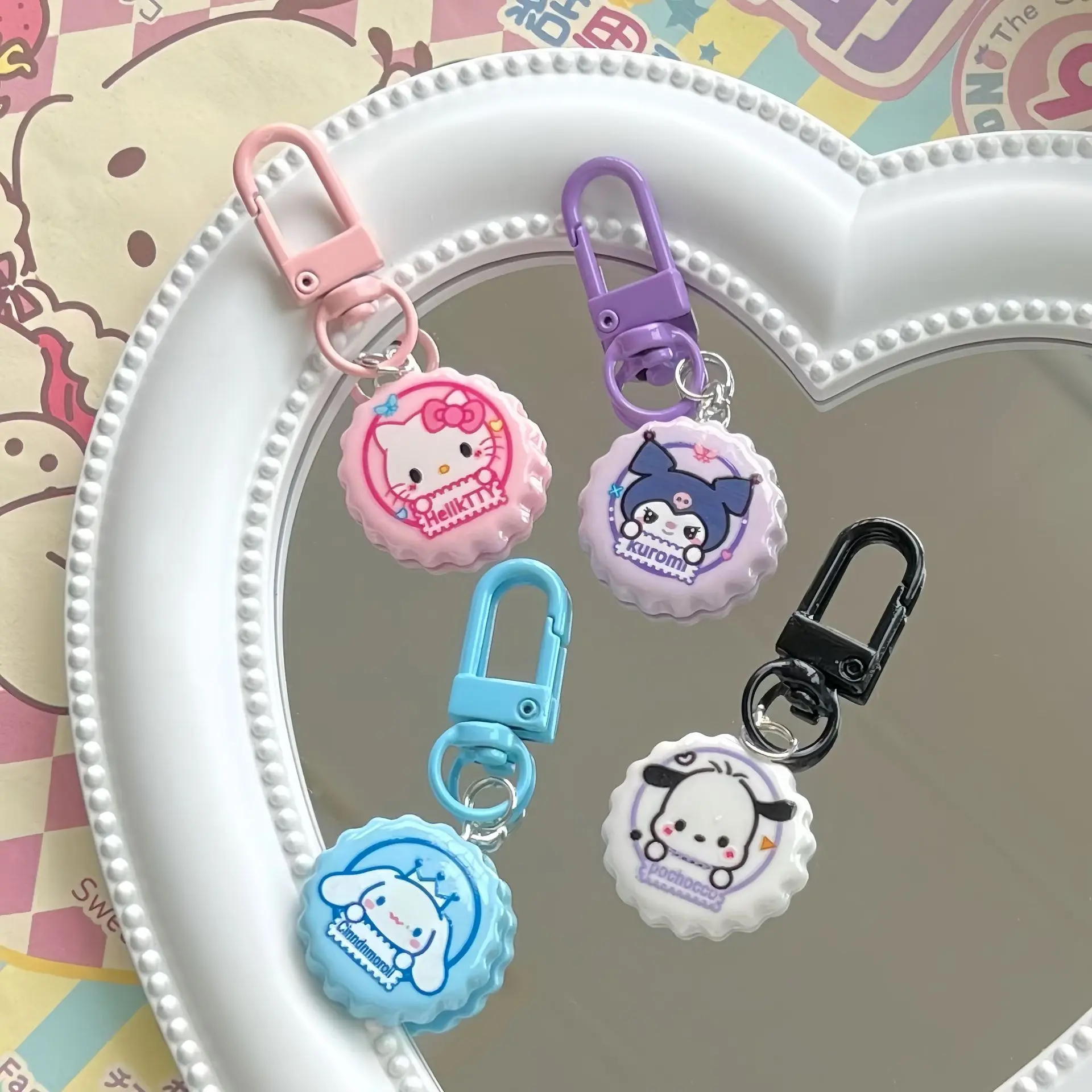 Kawaii sanrio olá kittty kuromi cinnamoroll minha melodia pochao criatividade garrafa chaveiro mochila pingente crianças presente de aniversário
