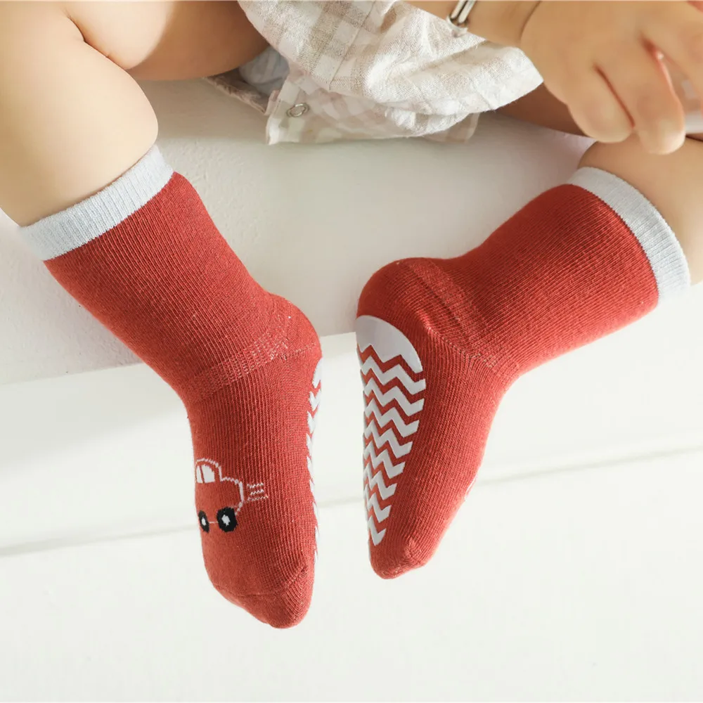 Autumn Spring Baby Anti-slip Sport Thermal Floor Socks 2022 Children Cute Cartoon Transport Knitted Home Long Slippers Stocking