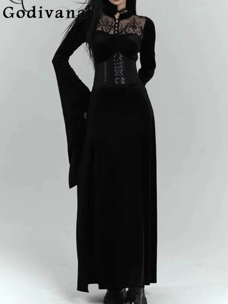 

Autumn Winter Personalized Gothic Women Black Long Sleeve Velvet Dress Fashion Versatile High Waist Halloween Cos Split Dresses