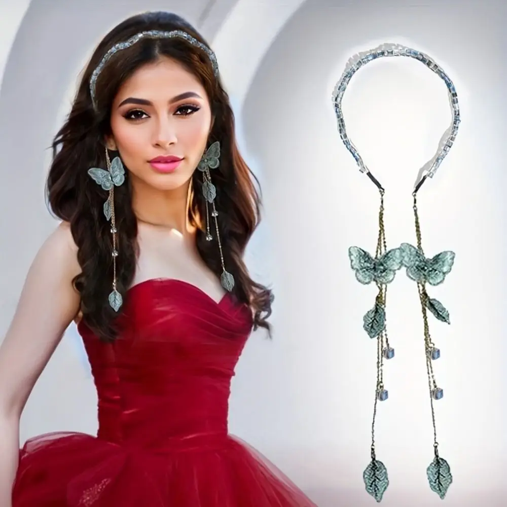 Simulated Butterfly Butterfly Tassel Headband Chain Crystal Rhinestone Women's Hair Hoop with Tassels Exquisite