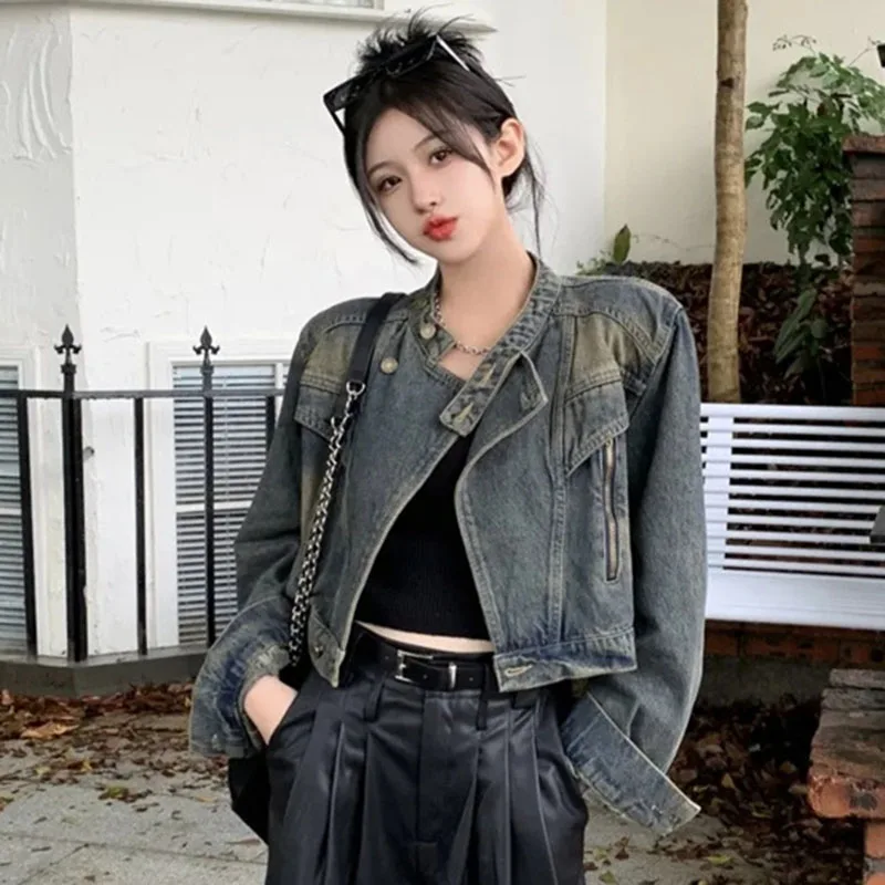 

Retro Style Women Stand Collar Work Clothes Cowboy Tops Autumn Female Fashion Short Denim Jacket Korean Ladies Loose Jeans Coat