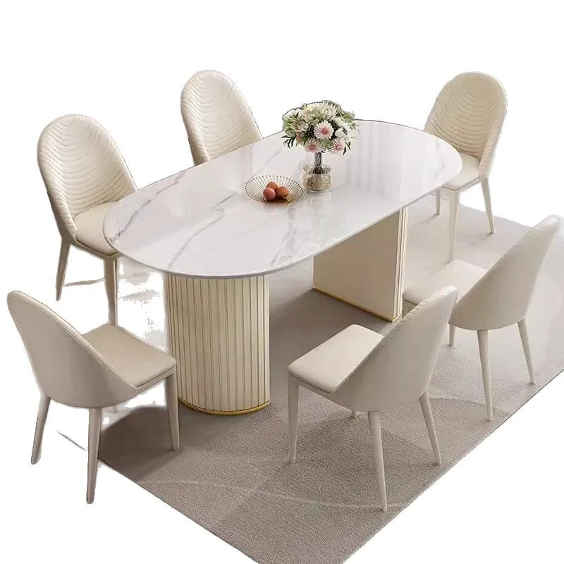 

Cream wind rock board dining table and chair combination household size apartment light luxury quality luxury white oval