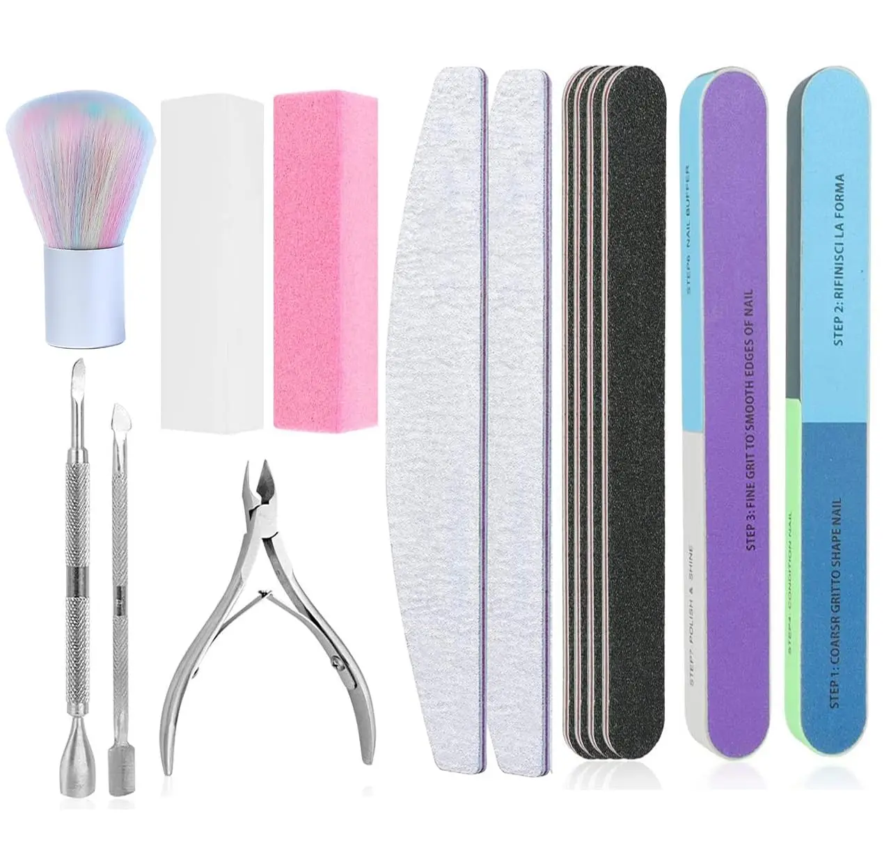 

14 Pcs Nail Care Tool Kit with File, Buffer, Cuticle Nipper, Pusher, Brush for Manicure and Pedicure