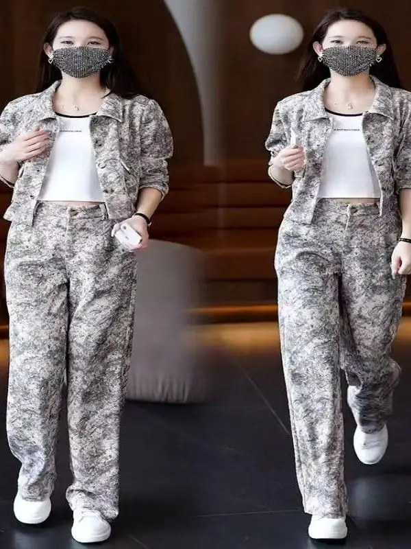 New Chinese Style Watercolor Painting Outerwear Top Bottom Set Autumn 2026 Wide Leg Pants Suit Casual Commute Fashion