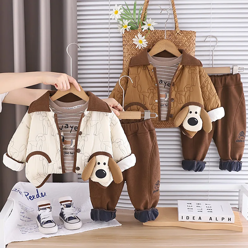 

Комплекты теплой одежды для мальчиков, зимние детские плотные бархатные пальто, футболки, брюки, милый костюм из 3 предметов для малышей, спортивные костюмы, детская хлопковая одежда