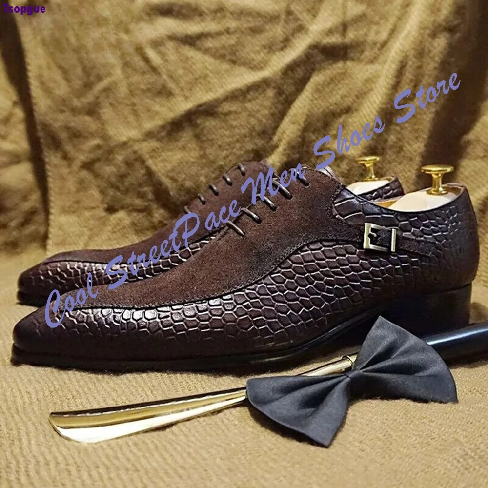 2026 New Arrival Men Luxury Brown Crocodile Pattern Suede Patchwork Oxford Shoes Handmade Lace Up Formal Business Wedding Party