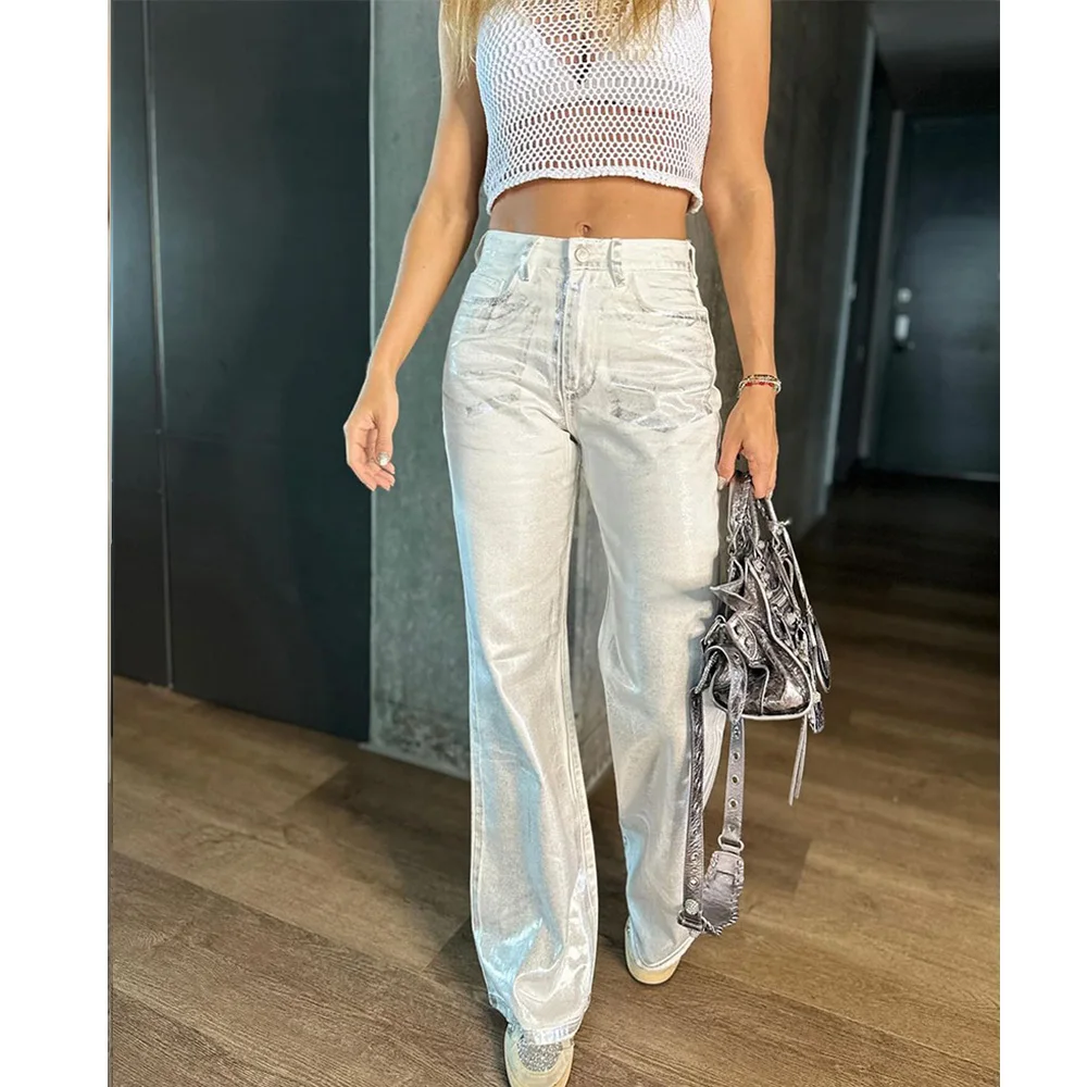 Fashion Metallic Denim Straight Jeans Wide Leg Women High Waist Loose Pants Y2K Oversize Denim Trousers Hip-hop Streetwear