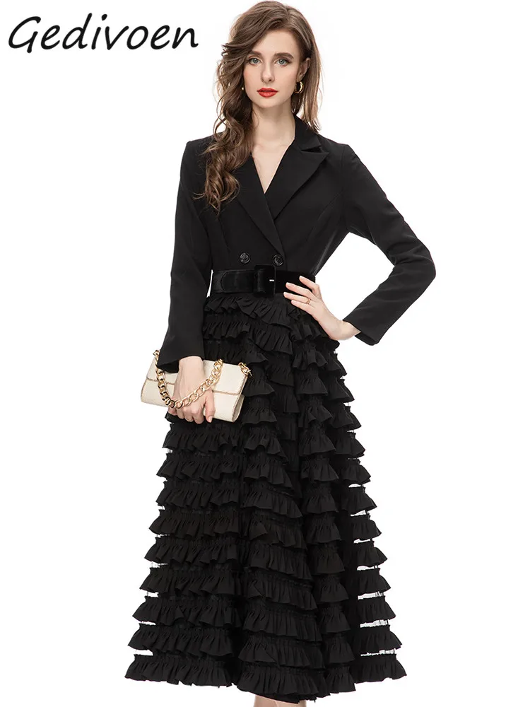 

Gedivoen Autumn Fashion Runway Black Vintage Spliced Dress Women Lapel Button Sashes Cascading Ruffle High Waist Slim Long Dress