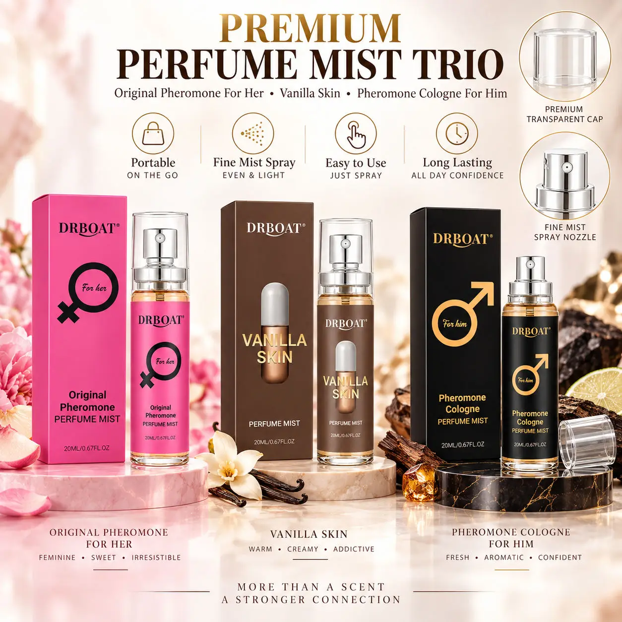 Couple 3Pcs Perfume Mist Set Vanilla Skin Woody Citrus Floral Fruity Pheromone Fragrance Portable Long Lasting Gift 20ml