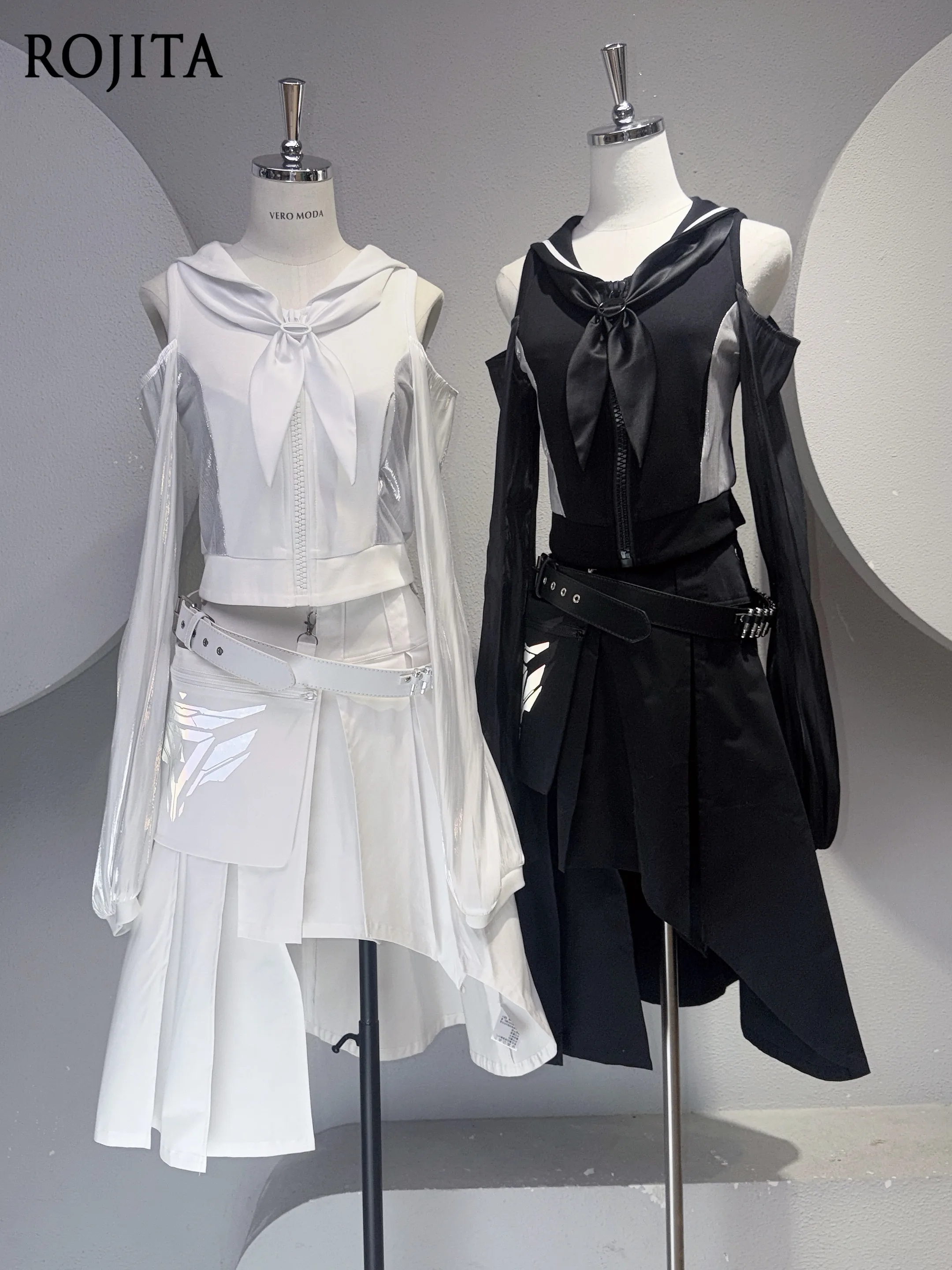 Gothic Sailor Collar Cropped Top Women Off Shoulder Sheer Long Sleeve Zipper Front Bow Decor Y2K Harajuku Short Blouse