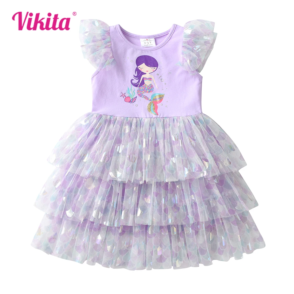 VIKITA Kids Summer Dress Girls Mermaid Print Princess Dress Flying Sleeve Toddlers Birthday Party Tutu Dress Children Clothing