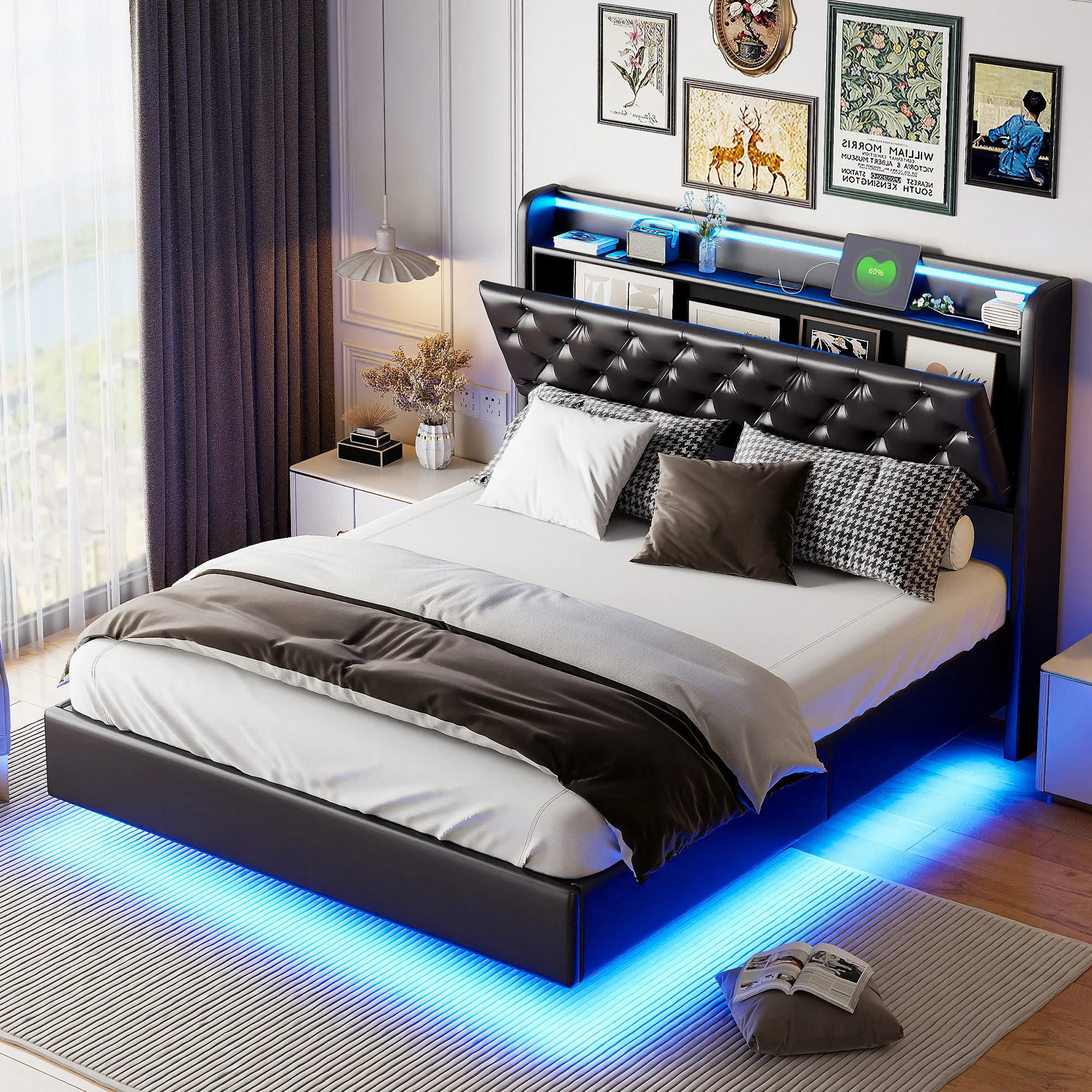 Rosahqnda Polsterbett, Doppelbett mit USB-Ladefunktion, LED-Beleuchtung, Kopfteil mit Stauraum, versteckte Bettfüße, Leder-Finish – Detail 5