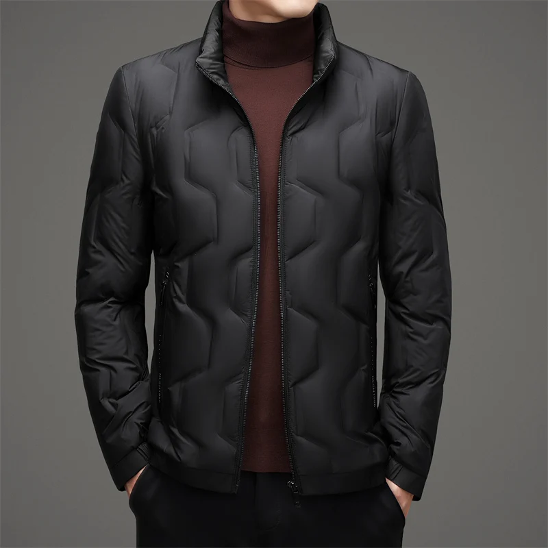 Casual Men's Lightweight Duck Down Jackets Solid Color Windproof Warm Puffer Coats Outwear Slim Stand Collar Tops Down Clothing