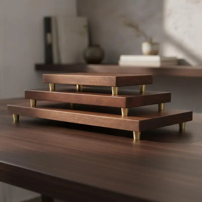 4Pcs Anti Slip Brass Wooden  Mini Riser for Jewelry Storage Box Display Tray Home Craft Decor