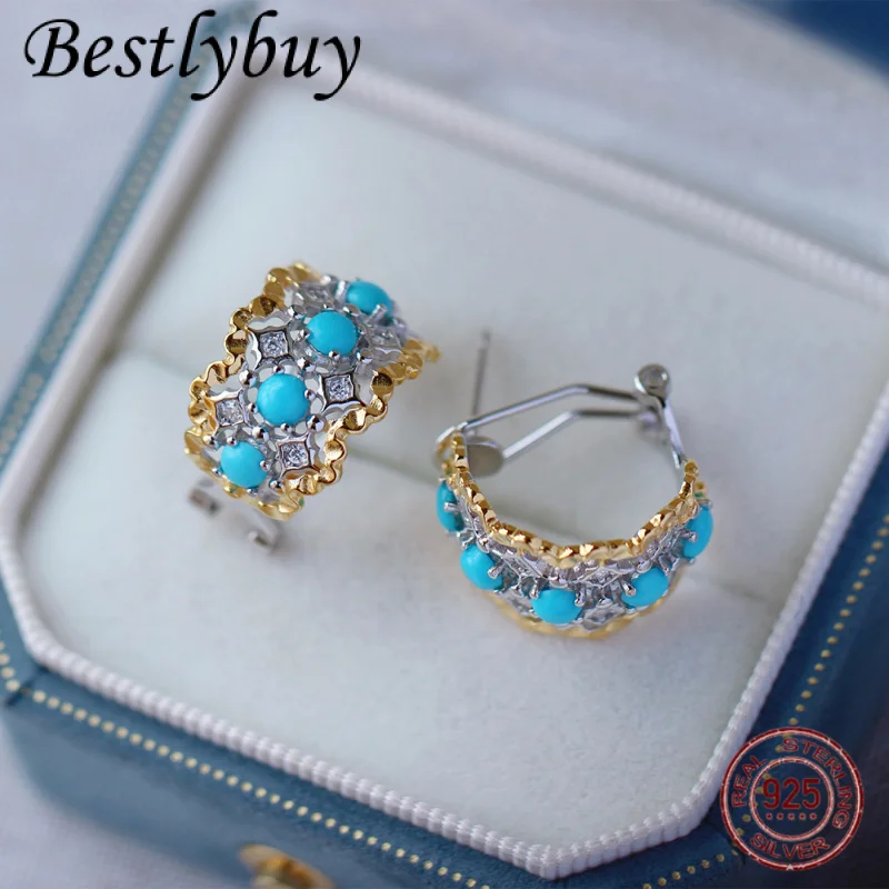 

НОВЫЕ серьги из стерлингового серебра 925 пробы с позолотой и натуральной бирюзой, модные оригинальные легкие роскошные ювелирные изделия, женский элитный подарок