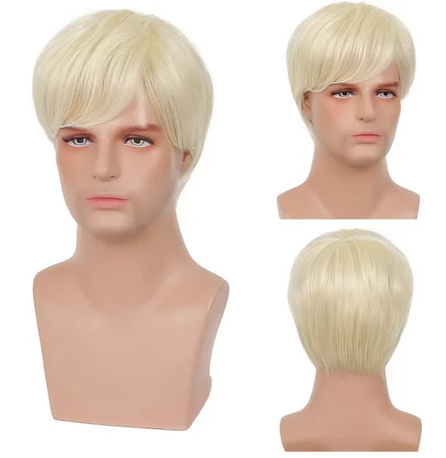 Mens Short Blonde Wig Natural Blonde Synthetic Hair Replacement Wig for Men Guys Short Blonde Cosplay Halloween Costume PartyMen