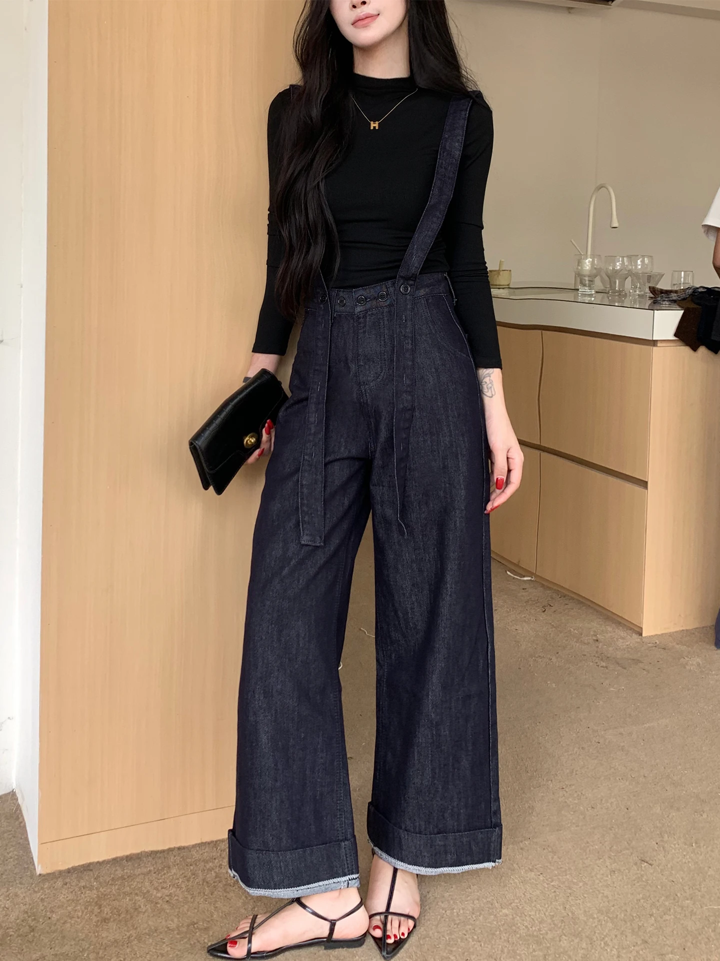 

Свободные джинсовые комбинезоны с широкими штанинами для женщин, темно-синие, стройнящие, летние, новый стиль, LiLi Clothing, винтажные, с высокой талией, из хлопка