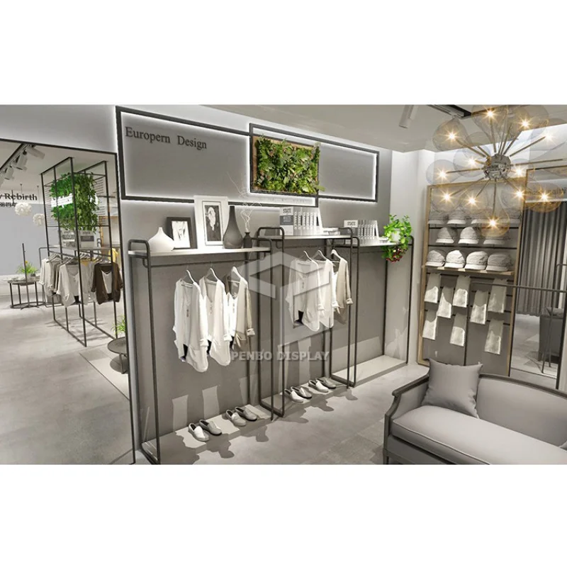 

2025customized.Elegant Clothing Shop Design Retail Fixtures White MDF And Stainless Steel Shop Fittings Clothing