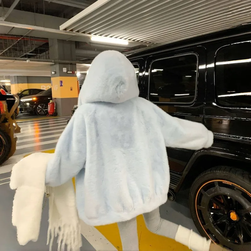 

New Blue Hooded Fleece Jacket for Autumn and Winter Loose Warm High-end Thickened Warm Mid-length Style Fashion Warm Outerwear