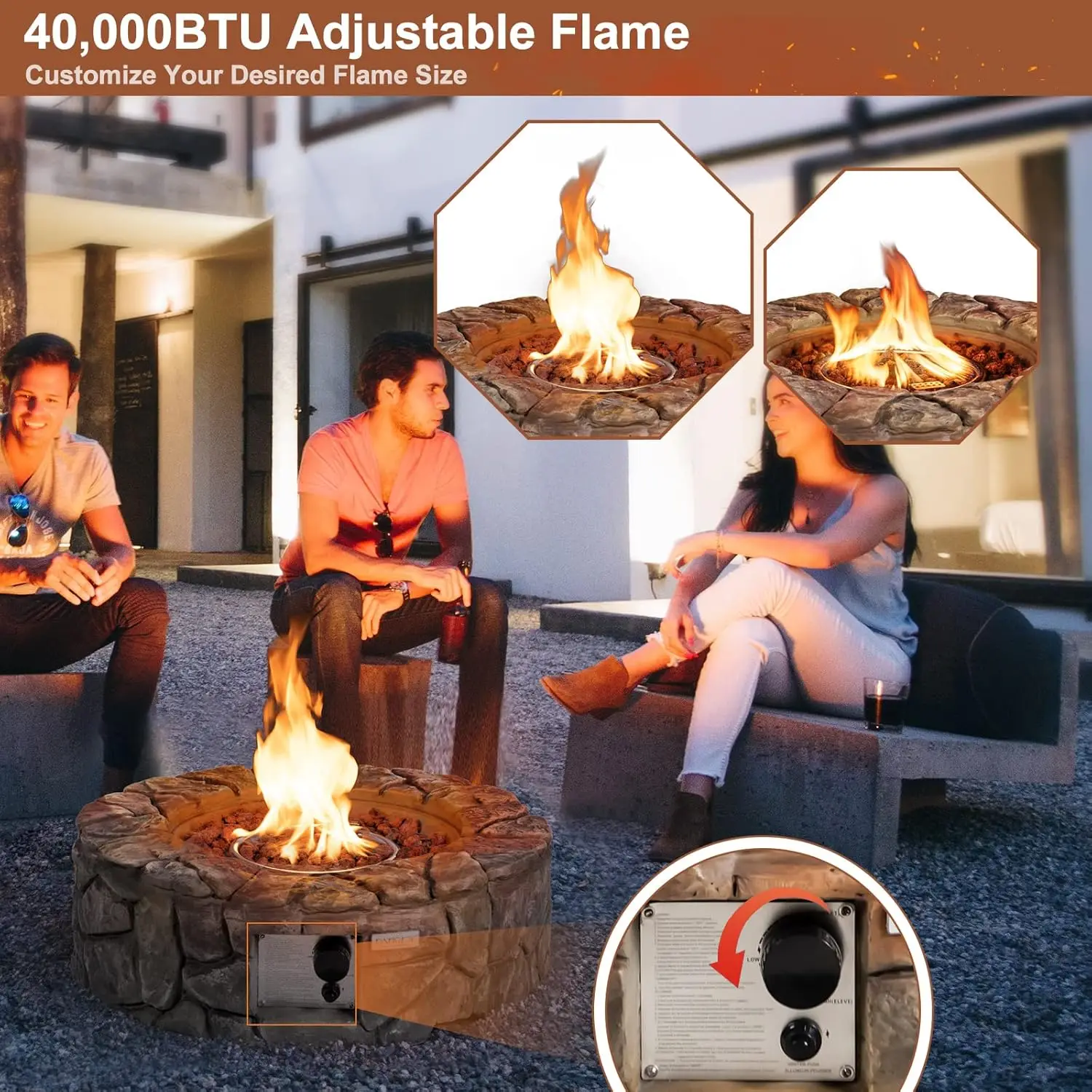 28 Inch Round Propane Gas Fire Pit, Patiojoy 40,000 BTU Stone Look Outdoor Propane Fire Pit with Lava Rocks & PVC Cover