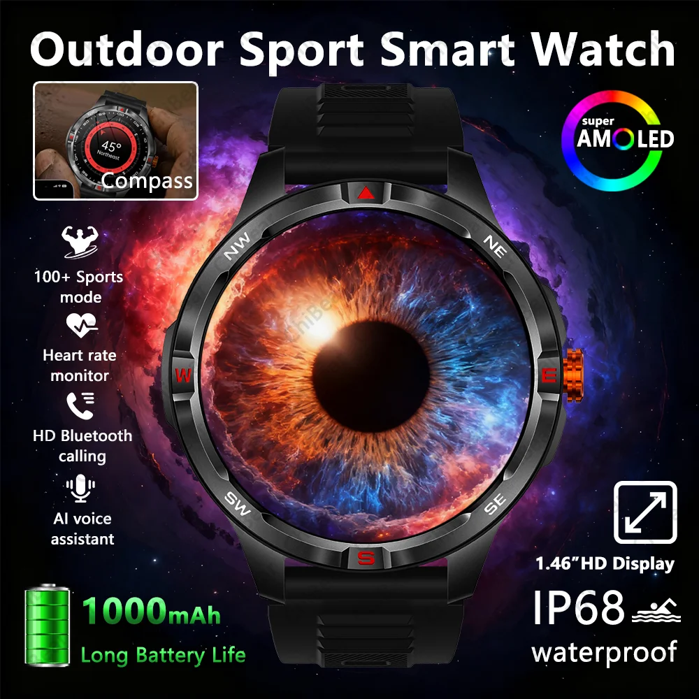 

2025 NEW Fitness Smart Watch Men 1000mAh Large Battery Compass Altimeter IP68 Waterproof Bluetooth Call Smartwatch For Huawei