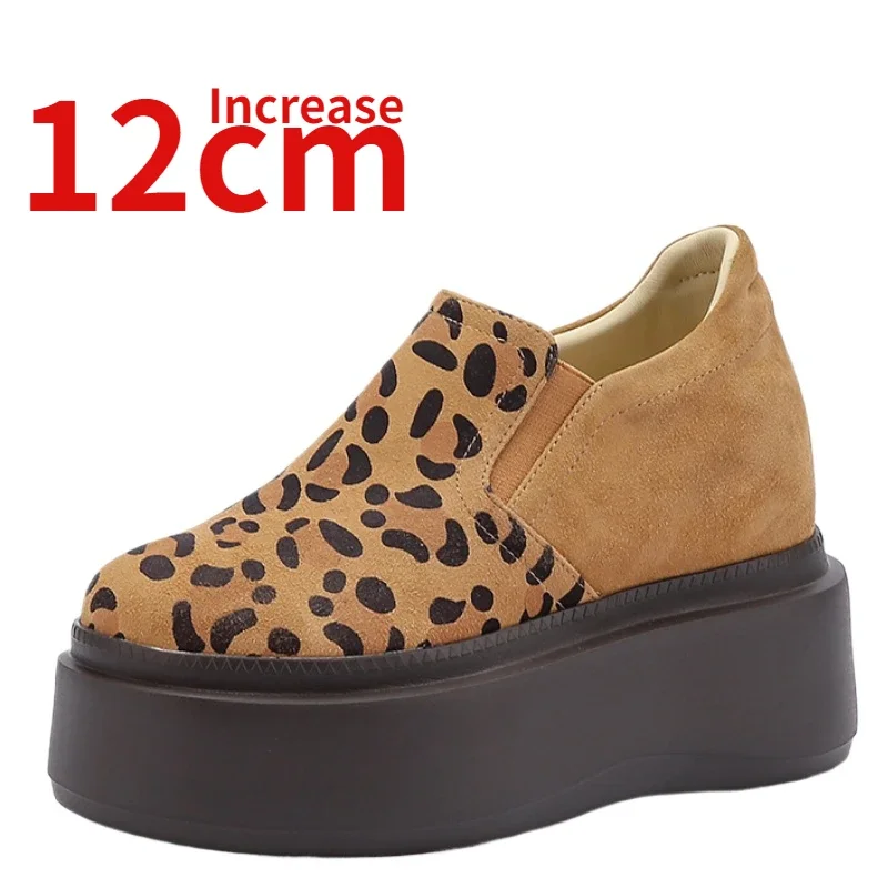 Invisible Height Increasing Shoes for Women's Increased 12cm Genuine Leather Leopard Print Design's Thick Platform Sponge Shoes