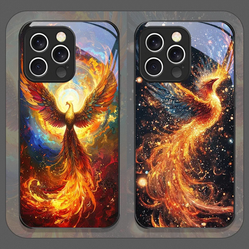 Ästhetische Phoenix Fire Feather Muster gehärtetes Glas Handyhülle für iPhone 17 16 Pro Max 15 14 Plus 13 12 Mini 11 X XS MAX Cover