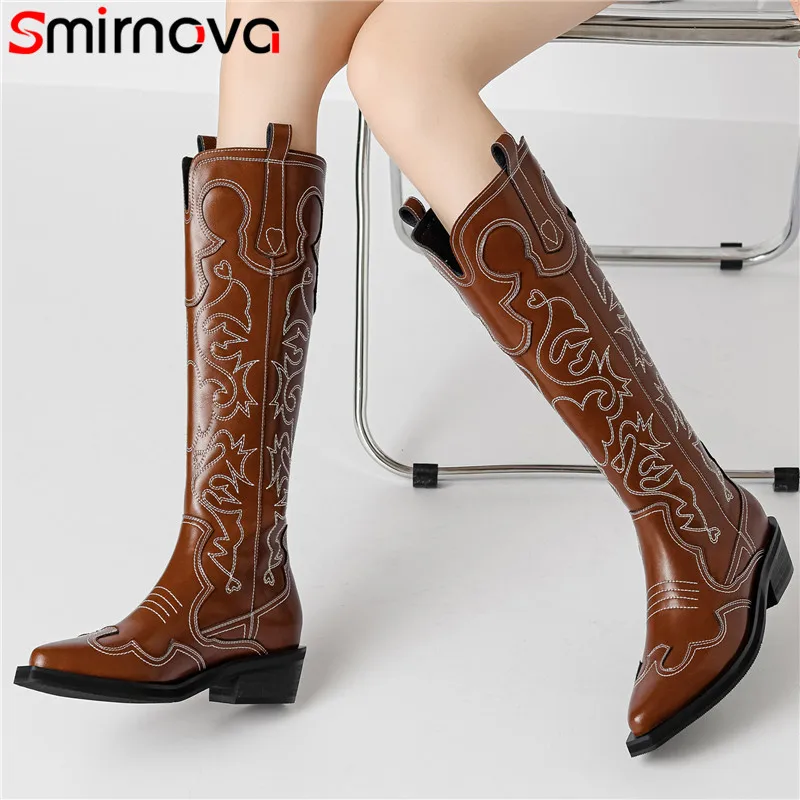 

Size 33-41 New Genuine Leather Slip On Knee High Boots Ladies Embroider Cowboy Western Boots Square Med Heels Winter Long Boots