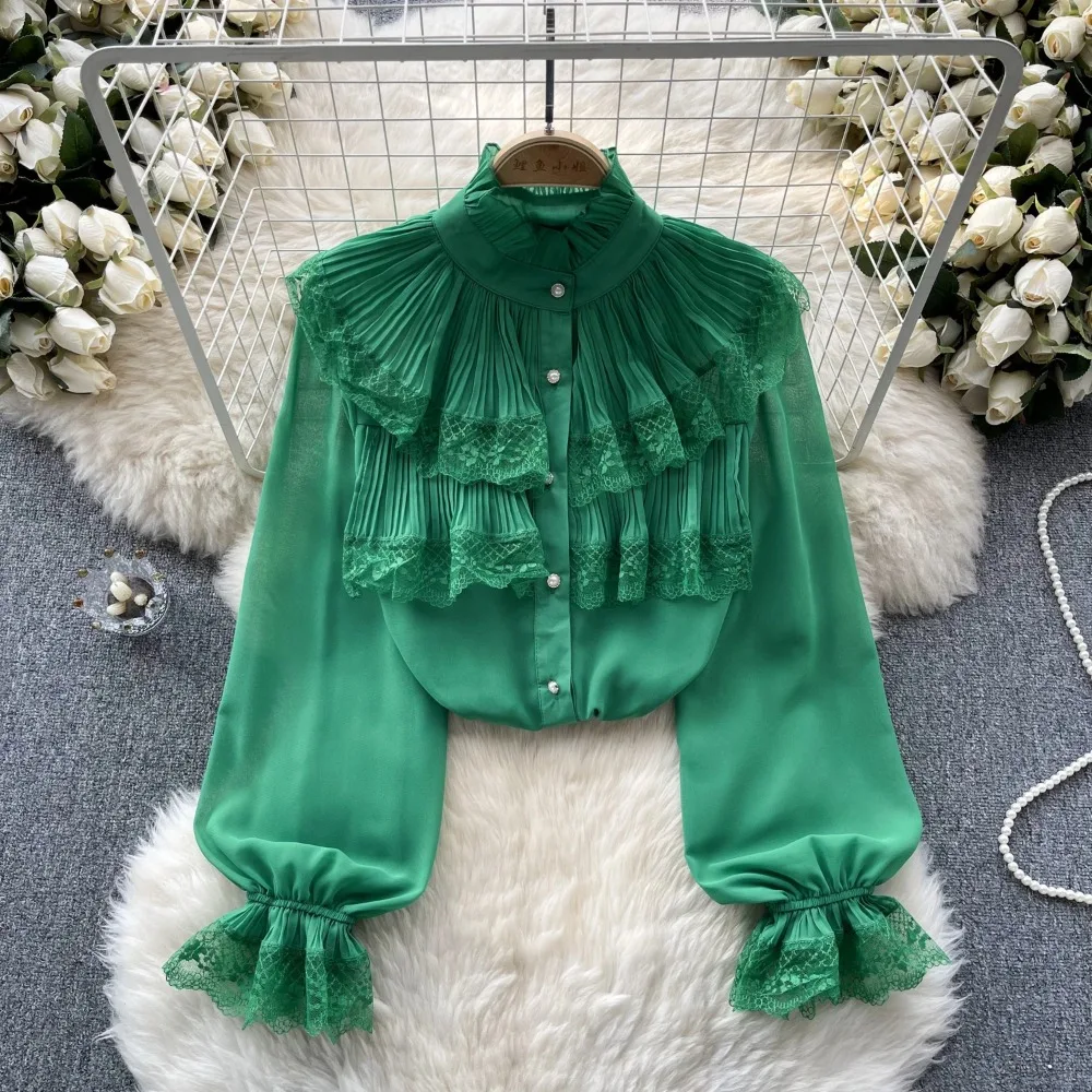 

Women Chic Patchwork Ruffled Lace Flare Sleeve Long Sleeve Solid Sexy Korean Fashion Summer Women Shirt Casual Shirts