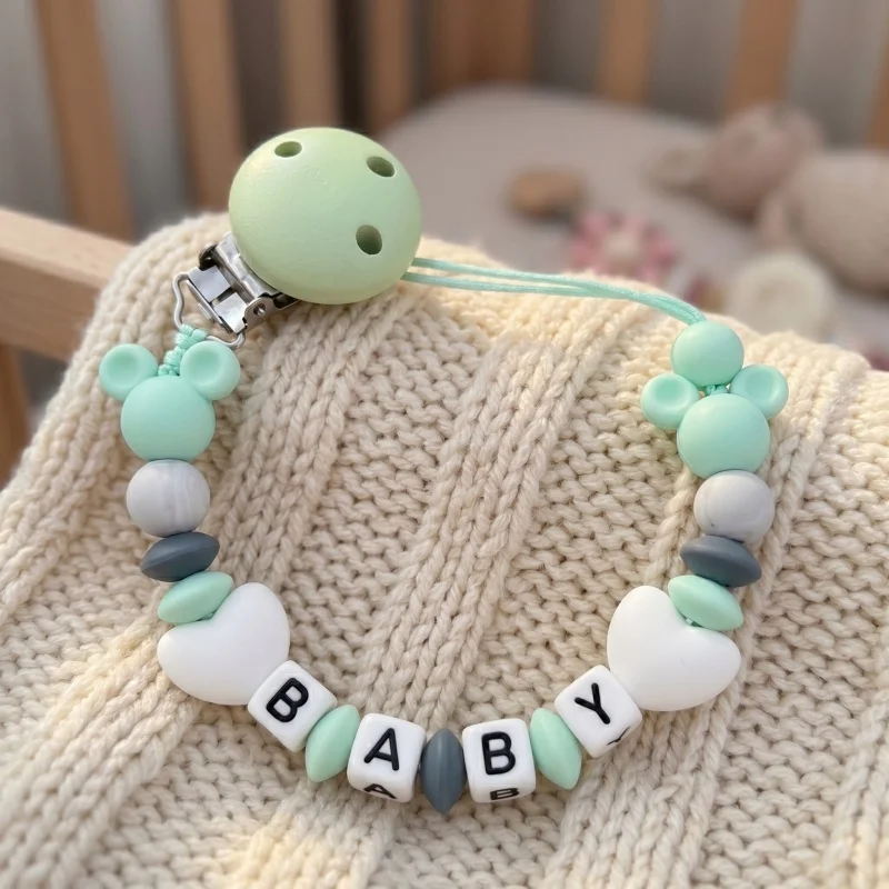Custom Baby Name Pacifier Holder Blue Heart Silicone Beads Handmade Dummy Clip for Boys Shower Gift Nipple Strap Teething Chain