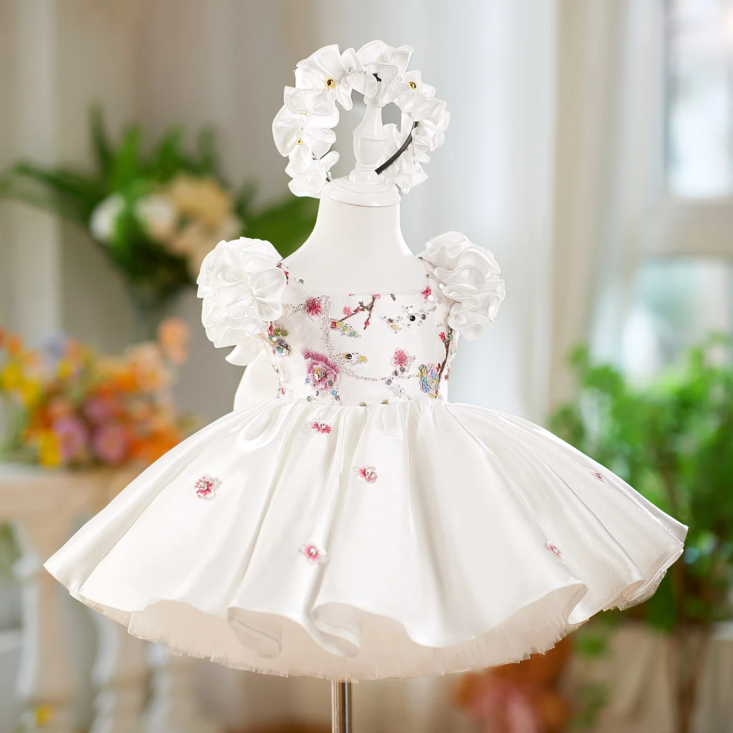 Dreamy Vow J026 Elegante Dubai Abito da ragazza bianco Fiori 3D con fascia per capelli per bambini Matrimonio Compleanno Comunione Festa Spettacolo 2025