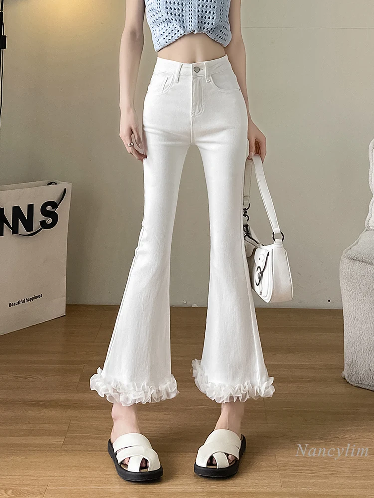 Summer Thin Slim Fit White Pants Women's Bootcut Trousers Cropped Style Ruffles Stitching Skinny Stretch Denim Flare Jeans 2024