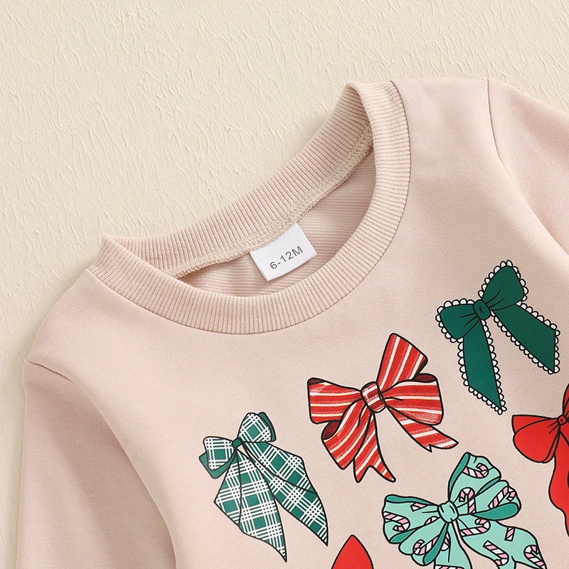Lioraitiin Toddler Girl Christmas Outfits Bow Print Crew Neck Long Sleeve Sweatshirt with Flare Pants Set