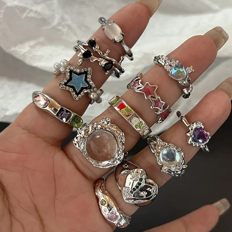 Anillos de cristal Y2K, anillo ajustable de corazón Kpop, geometría Irregular, conjunto de anillos Punk Vintage para mujeres y niñas, nueva joyería de moda