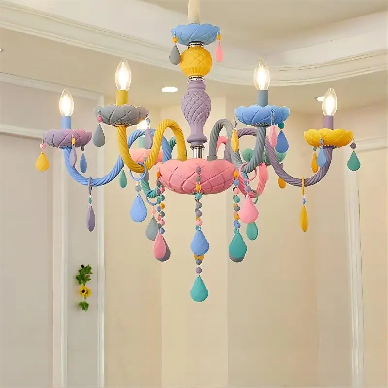 Nordic Macaron Colored LED Children's Room Chandelier  Kids Princess Room Light Bedroom Light Kindergarten Candle Pendant Lamp