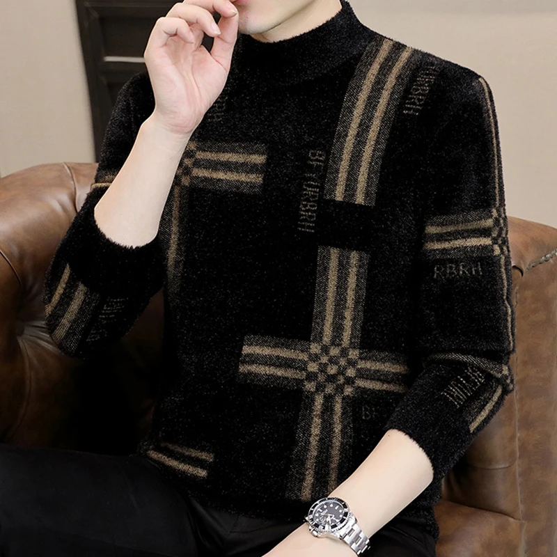 

Мужской свитер из искусственного меха с высоким воротником, вязаный, теплый, зимний, модный, с геометрическим узором, стандартный крой, длинный рукав