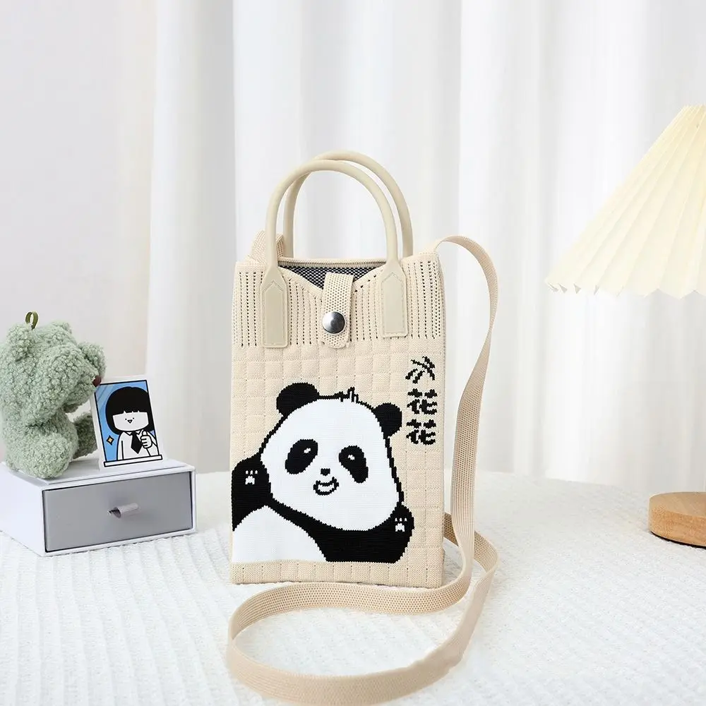 Mini bolso de mano de punto creativo para mujer, bolso de muñeca con nudo bonito de Panda de dibujos animados, bolso de teléfono plegable de gran capacidad, fácil de llevar