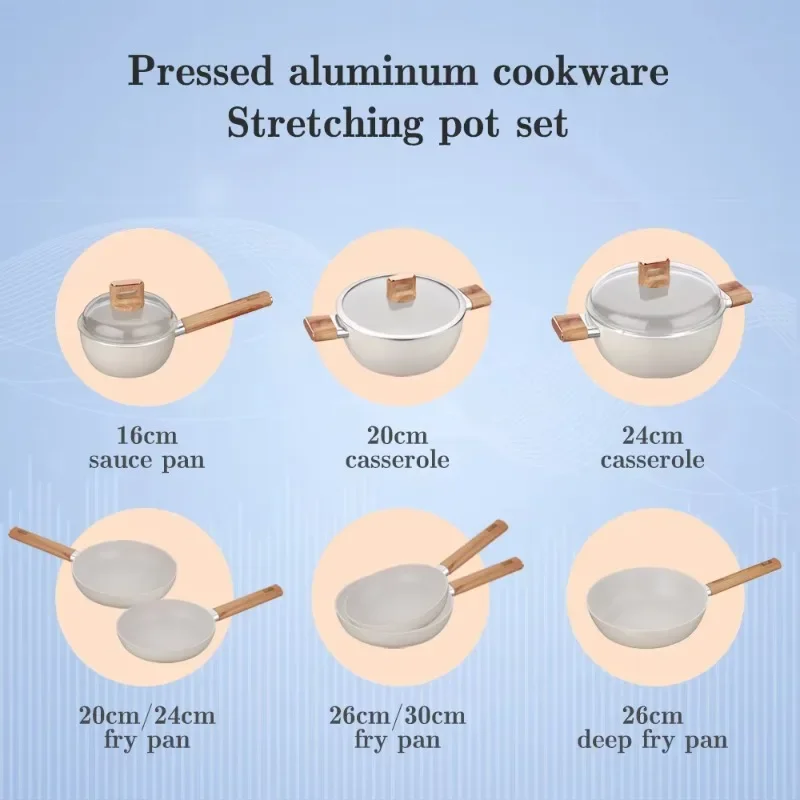 New Household Products Press Cooking Set White Aluminum Ceramic Non-stick Coating Wood Grain Soft Touch Handle