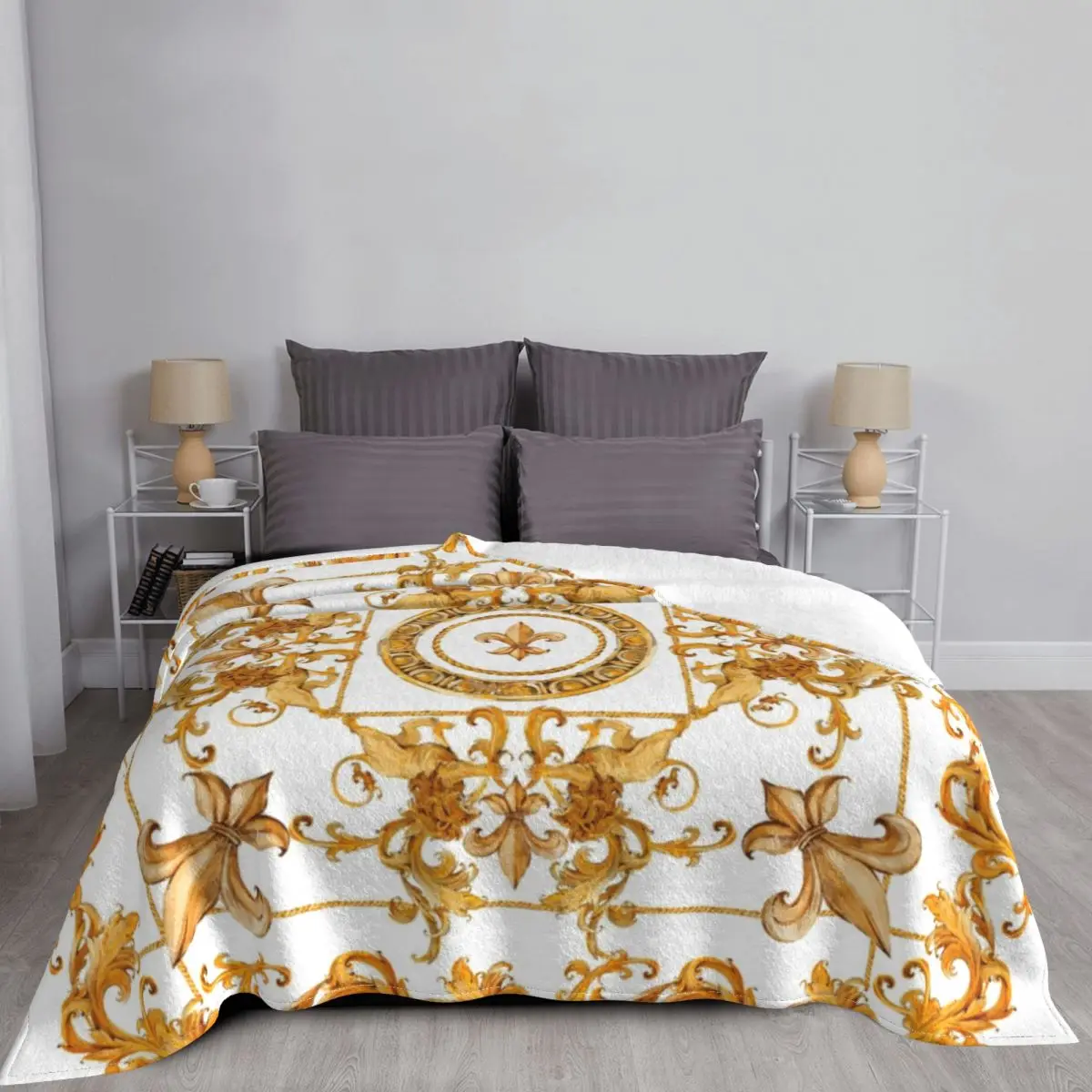 Golden Lion And Damask Ornament Blankets Fleece Multifunction Lightweight Throw Blanket for Home Car Plush Thin Quilt