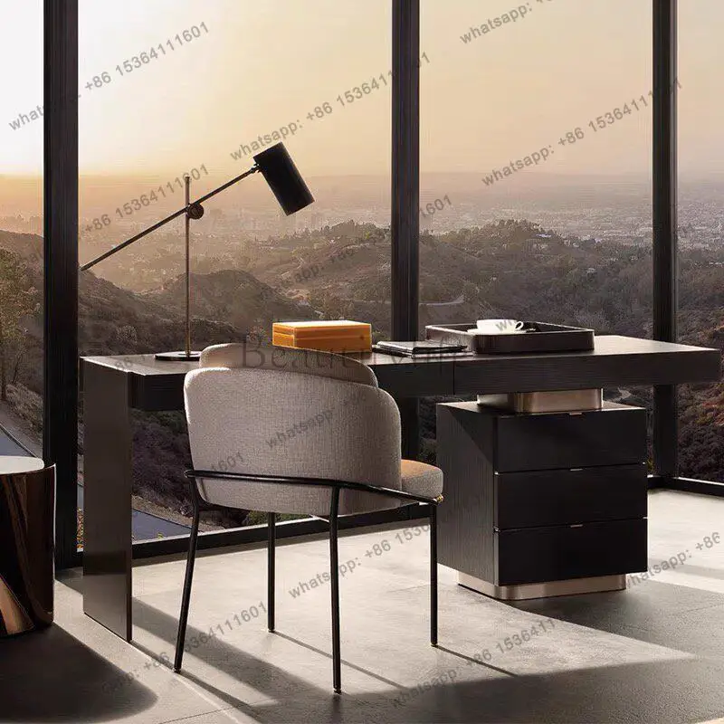 Italian minimalist solid wood designer light luxury simple desk model room smoked wood color desk