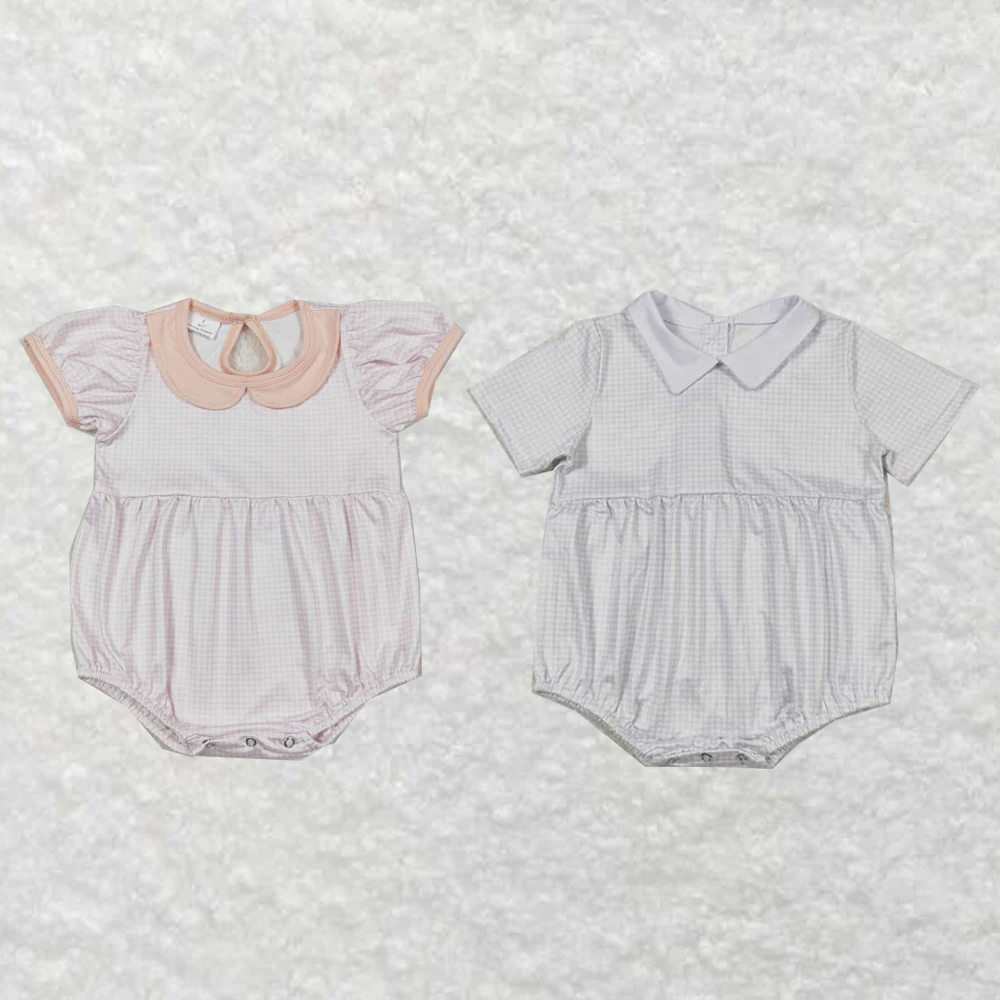 Wholesale hot sale western boutique baby kids newborn children toddler clothes Pink plaid doll collar short-sleeved onesies