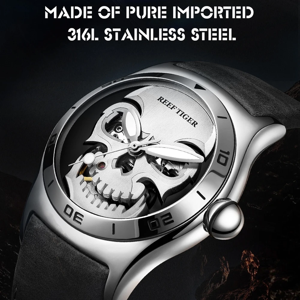 Reef Tiger/RT Locomotive Men Automatic Mechanical Watches Fashion Skull Men Watch Sapphire Glass Waterproof 50M Watches